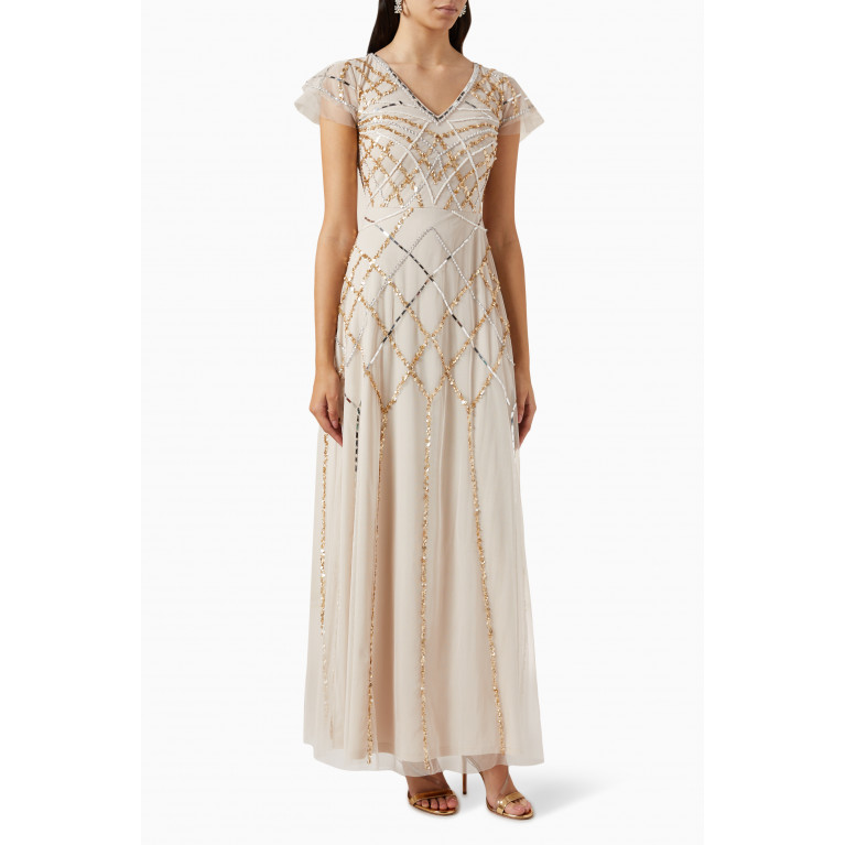 Amelia Rose - Frill Sequin Embellished Maxi Dress in Tulle Grey