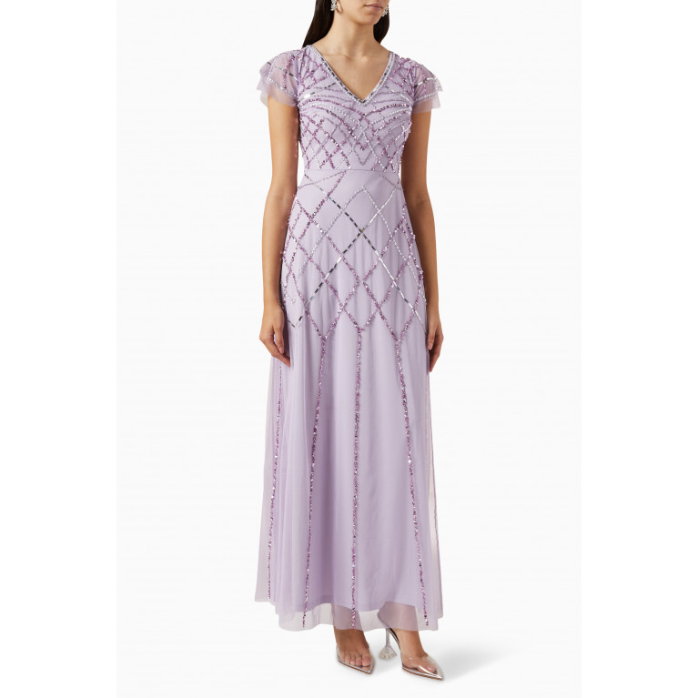 Amelia Rose - Frill Sequin Embellished Maxi Dress in Tulle Purple