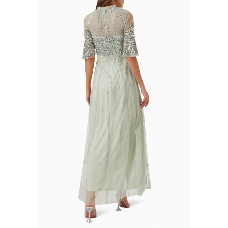 Amelia Rose - Embellished Glitter Bodice Maxi Dress in Tulle Green