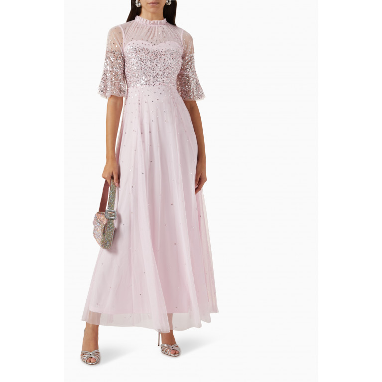 Amelia Rose - Embellished Glitter Bodice Maxi Dress in Tulle Pink