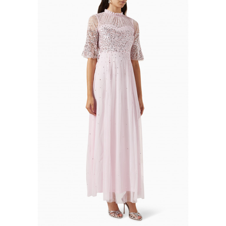 Amelia Rose - Embellished Glitter Bodice Maxi Dress in Tulle Pink