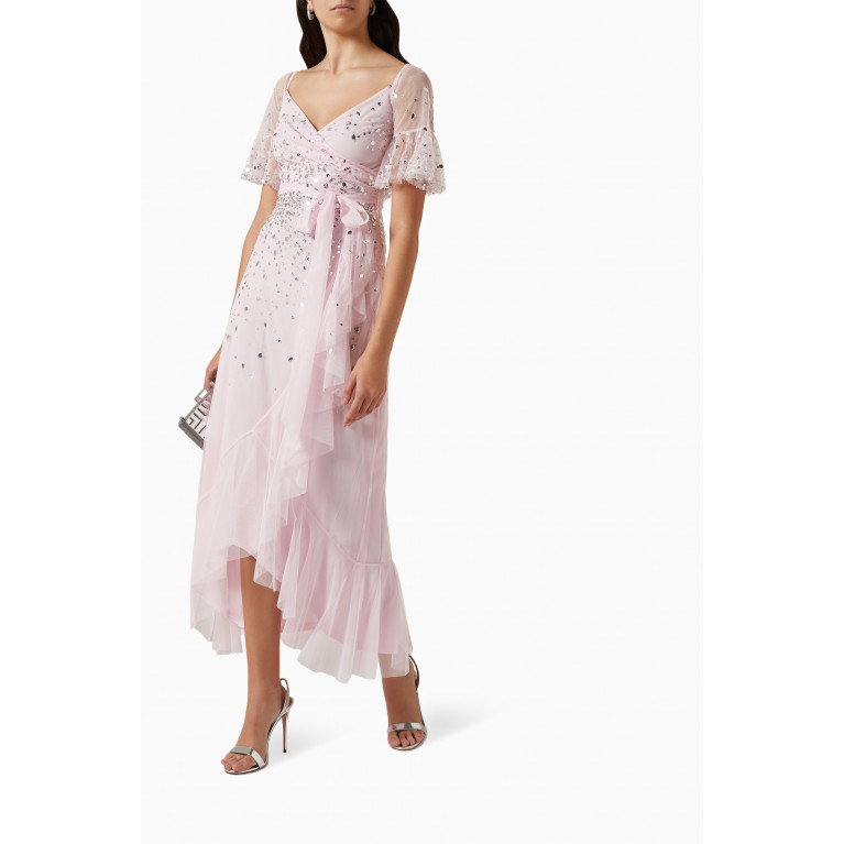 Amelia Rose - Embellished Tie-up Midi Dress in Chiffon