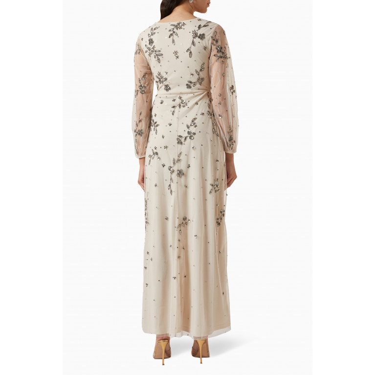 Amelia Rose - Sequin Embellished Wrap Maxi Dress in Tulle Neutral
