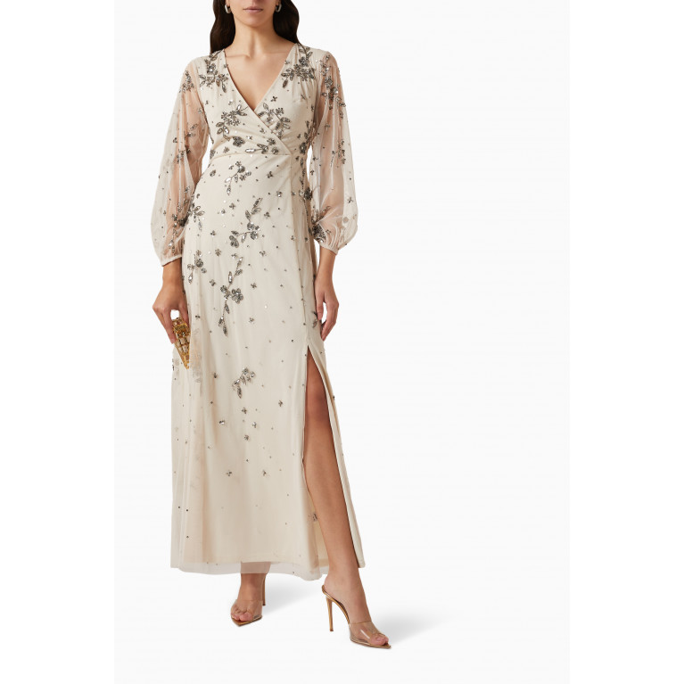 Amelia Rose - Sequin Embellished Wrap Maxi Dress in Tulle Neutral