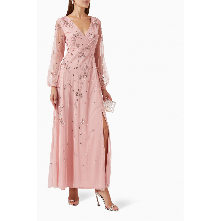 Amelia Rose - Sequin Embellished Wrap Maxi Dress in Tulle Pink