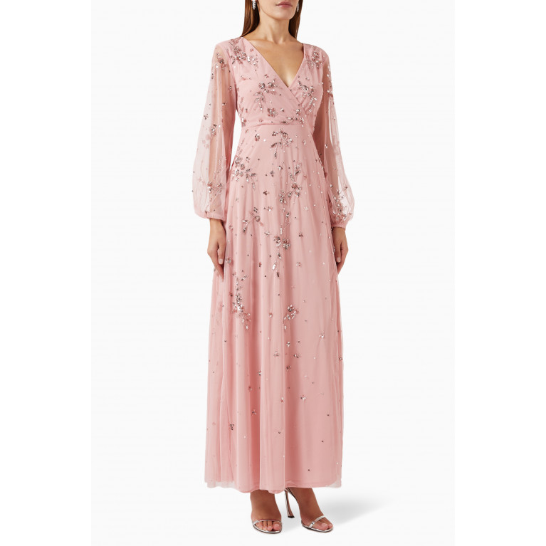 Amelia Rose - Sequin Embellished Wrap Maxi Dress in Tulle Pink