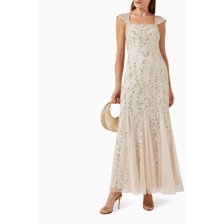 Amelia Rose - Cap Sleeve Sequin-embellished Maxi Dress in Tulle