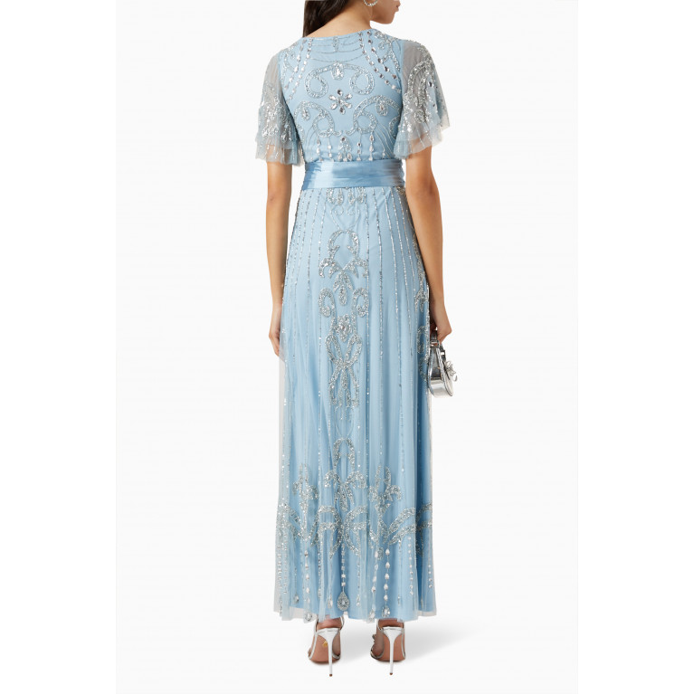 Amelia Rose - Sequin-embellished Sash Maxi Dress in Tulle Blue