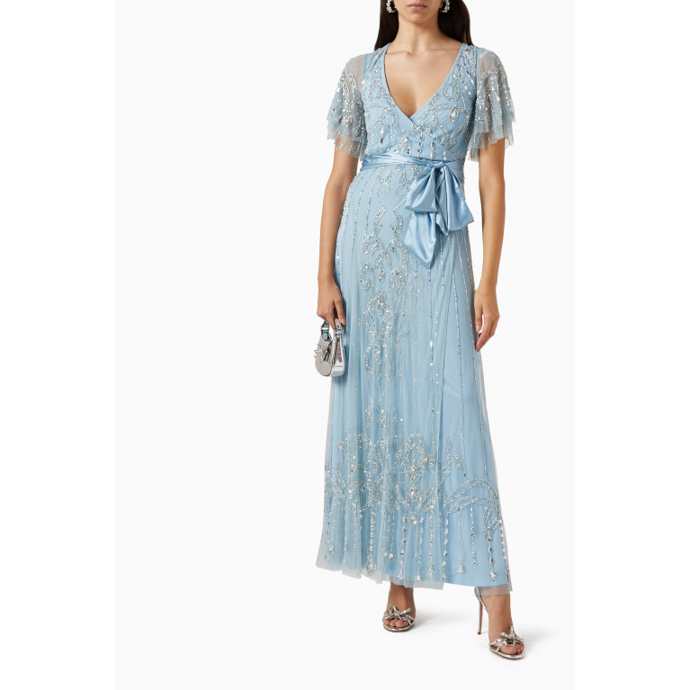 Amelia Rose - Sequin-embellished Sash Maxi Dress in Tulle Blue