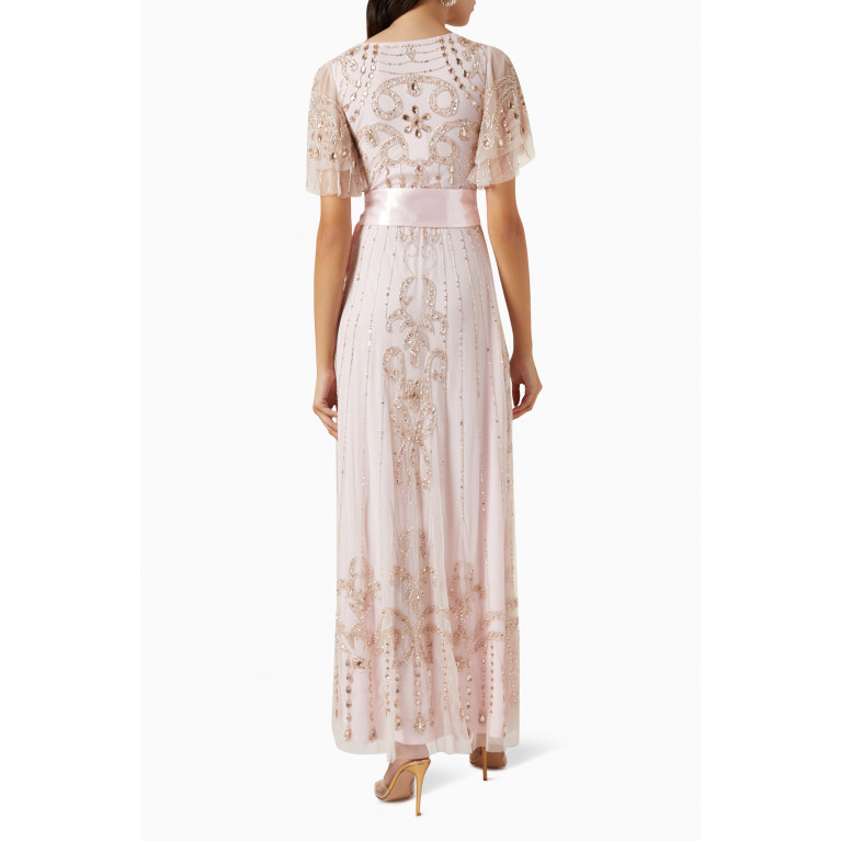 Amelia Rose - Sequin-embellished Sash Maxi Dress in Tulle Pink