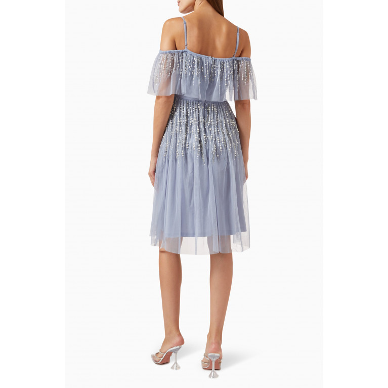 Amelia Rose - Off-shoulder Trim Embellished Midi Dress in Tulle