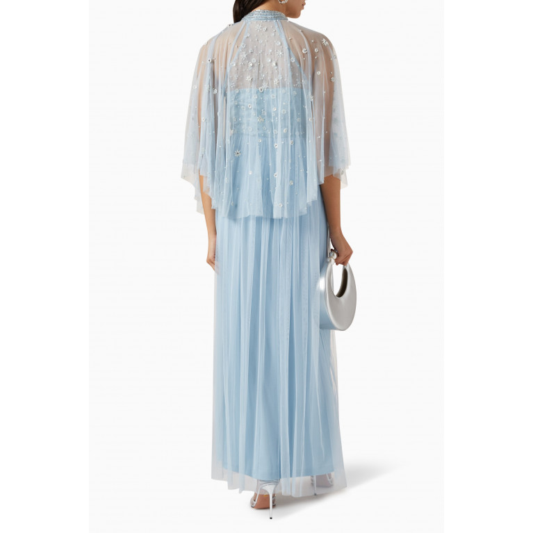 Amelia Rose - Cape Pearl Embellished Maxi Dress in Tulle Blue