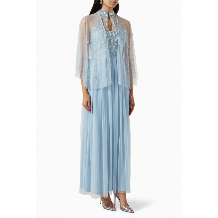 Amelia Rose - Cape Pearl Embellished Maxi Dress in Tulle Blue