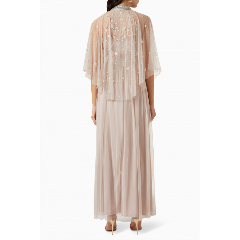 Amelia Rose - Cape Pearl Embellished Maxi Dress in Tulle Grey