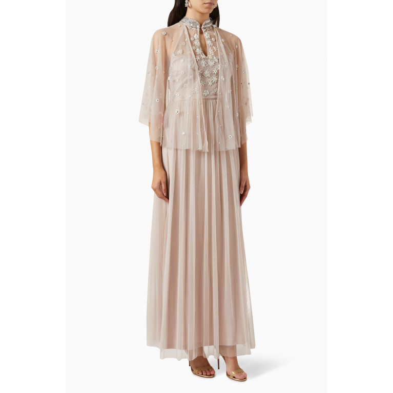Amelia Rose - Cape Pearl Embellished Maxi Dress in Tulle Grey
