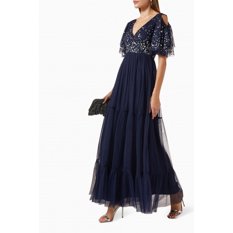 Amelia Rose - Shoulder Cut-out Embellished Maxi Dress in Tulle