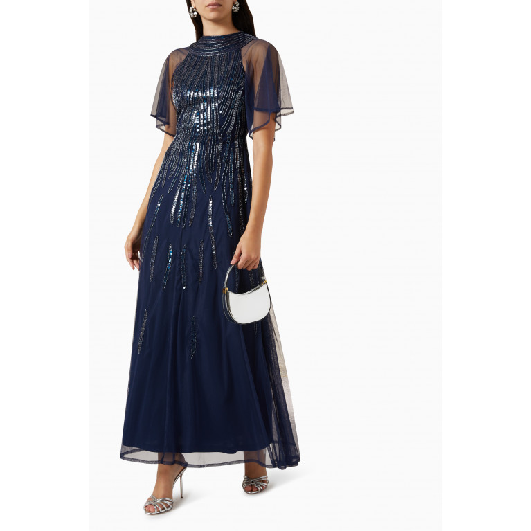Amelia Rose - Cap Sleeve Sequin Embellished Maxi Dress in Tulle