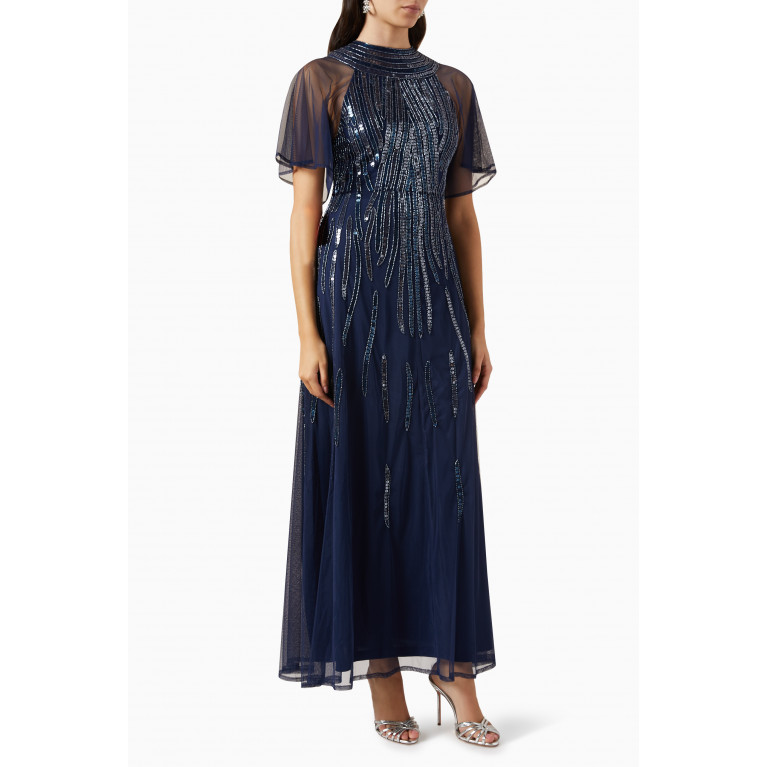 Amelia Rose - Cap Sleeve Sequin Embellished Maxi Dress in Tulle