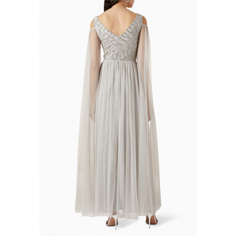 Amelia Rose - Off-shoulder Cape Embellished Maxi Dress in Tulle
