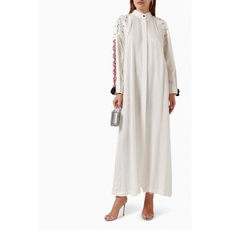Yarn By FN - Embroidered Maxi Kaftan with Macramé Halter in Cotton & Linen
