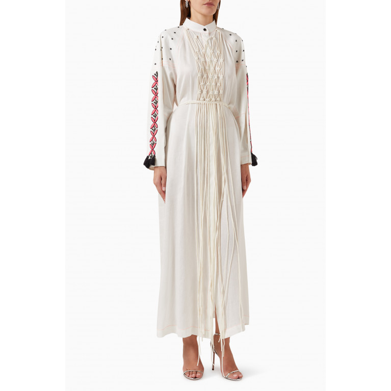 Yarn By FN - Embroidered Maxi Kaftan with Macramé Halter in Cotton & Linen