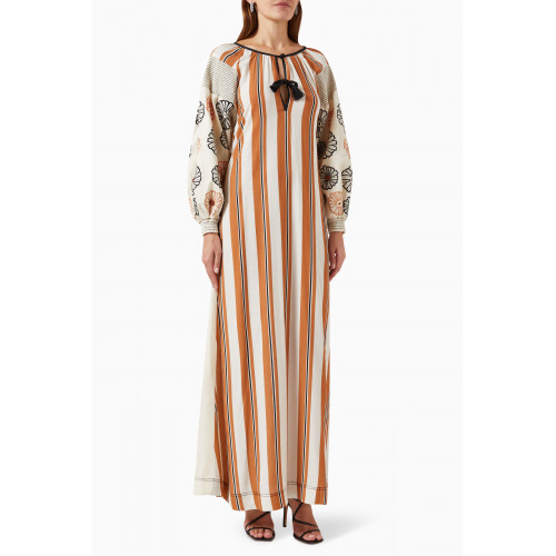 Yarn By FN - Floral-embroidered Striped Kaftan in Cotton