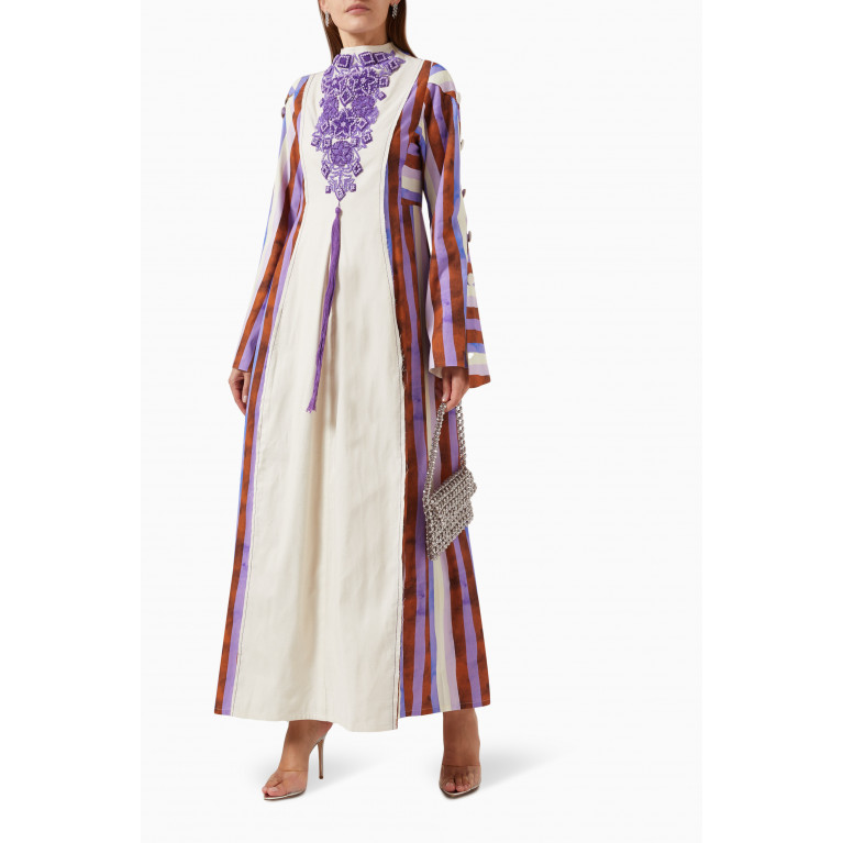 Yarn By FN - Floral-embroidered Striped Kaftan in Cotton
