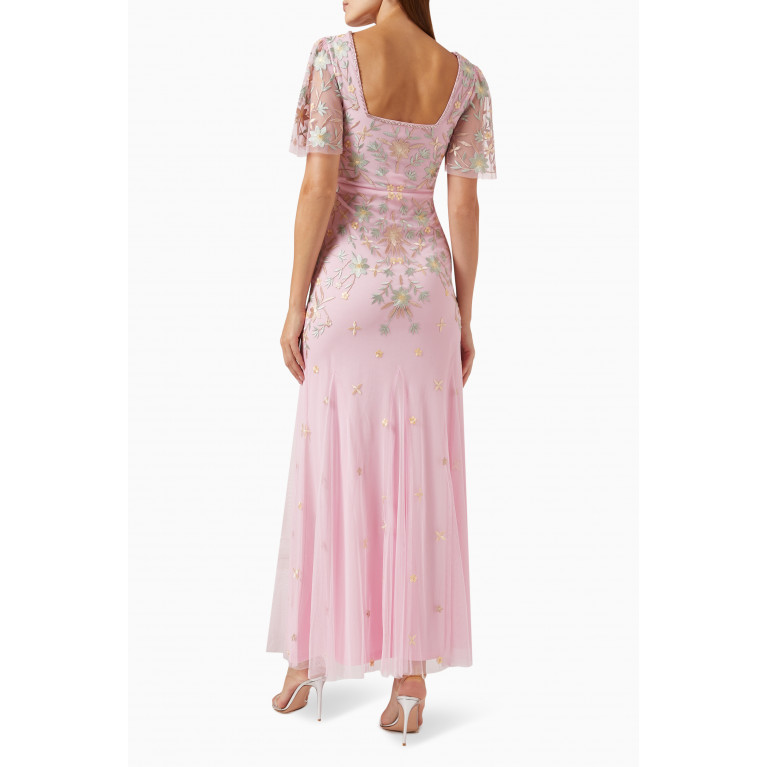 Frock&Frill - Floral Embroidery Maxi Dress in Tulle Pink