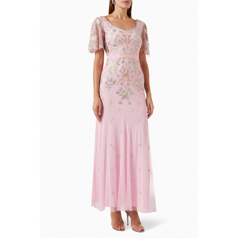 Frock&Frill - Floral Embroidery Maxi Dress in Tulle Pink