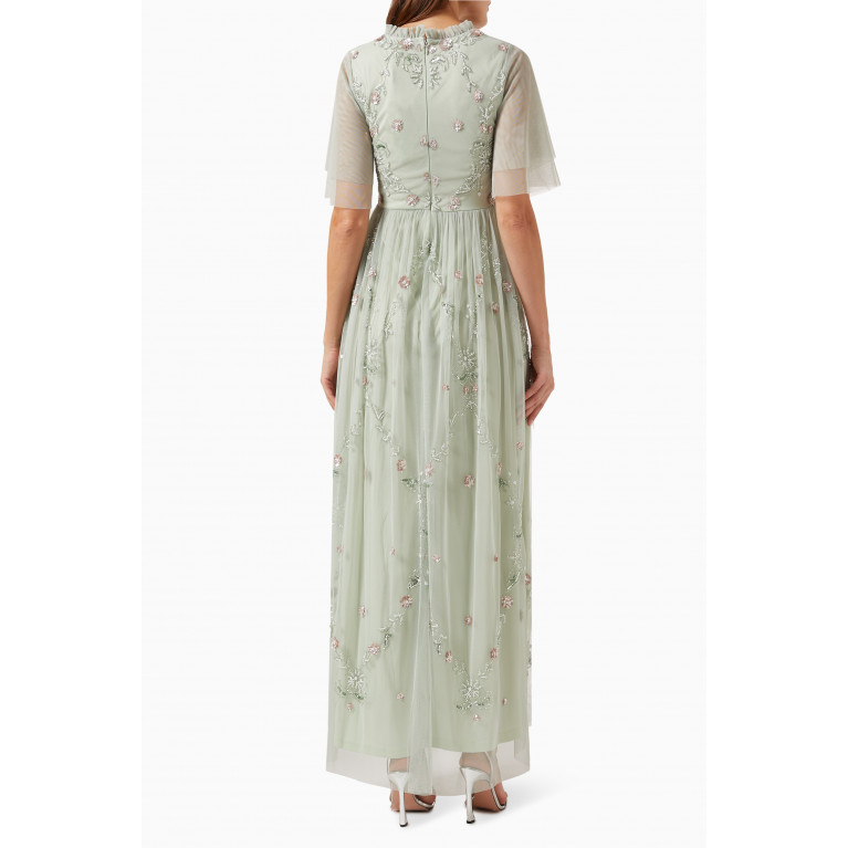 Frock&Frill - Floral Embellished Maxi Dress in Tulle Green