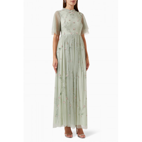 Frock&Frill - Floral Embellished Maxi Dress in Tulle Green