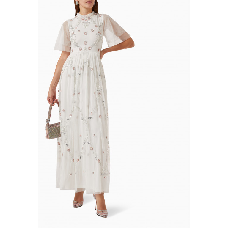 Frock&Frill - Floral Embellished Maxi Dress in Tulle White