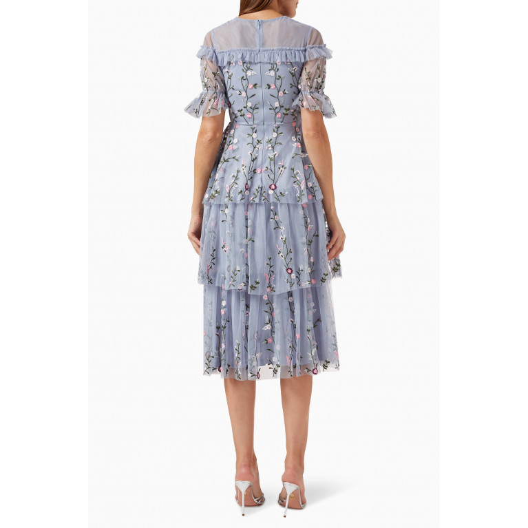 Frock&Frill - Ruffled Floral Embroidery Midi Dress in Tulle