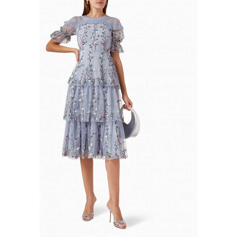 Frock&Frill - Ruffled Floral Embroidery Midi Dress in Tulle