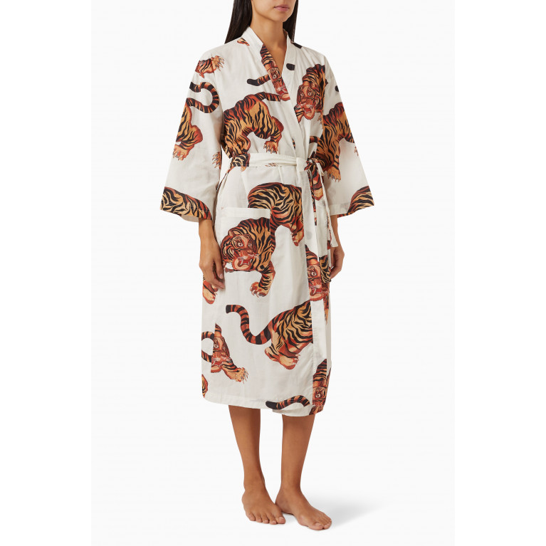 Desmond & Dempsey - Rayas-print Wrap Robe in Cotton