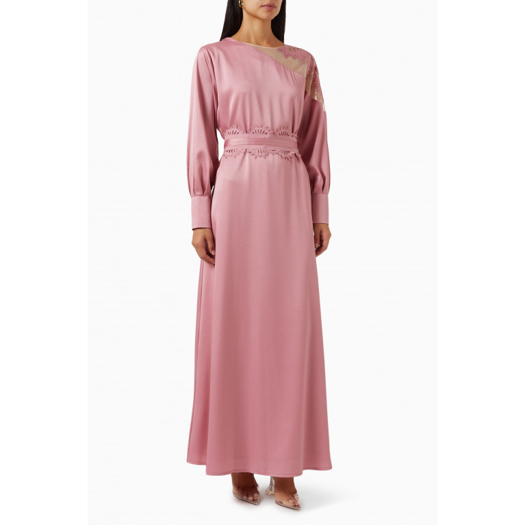 NASS - Mesh-shoulder Belted Maxi Dress Pink