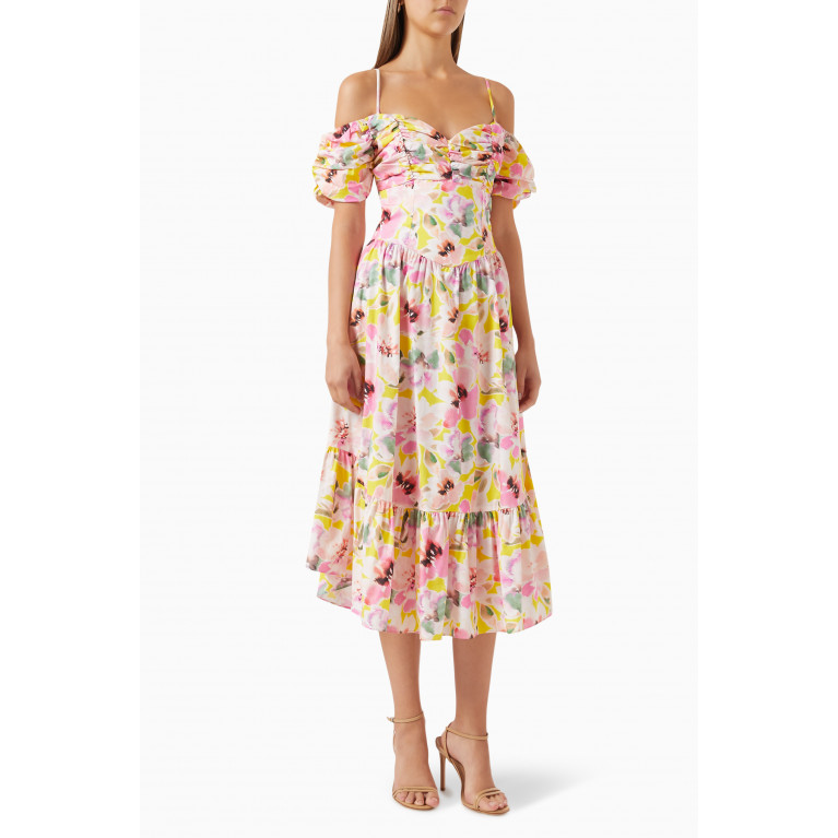 MISA - Rue Off-shoulder Midi Dress in Floral-print Cotton