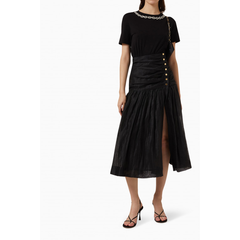 Sandro - Agate Gathered Midi Skirt in Linen-blend