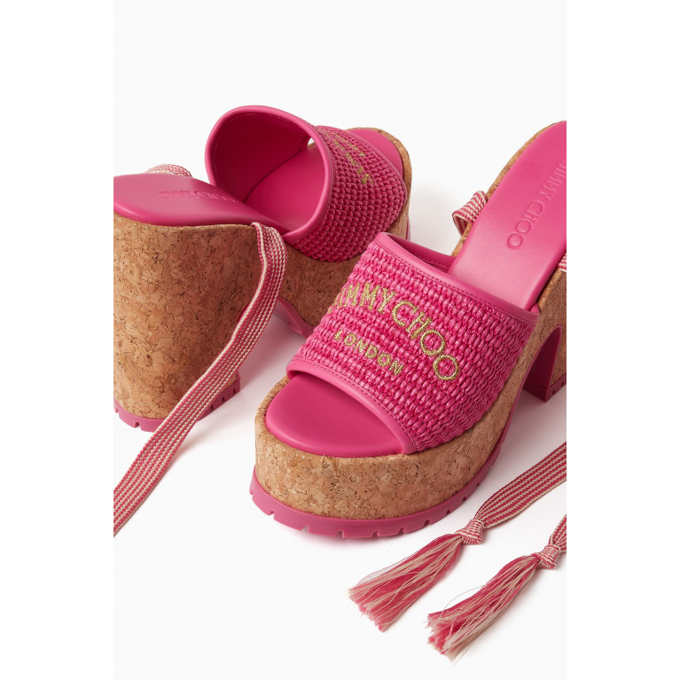 Jimmy Choo - Gal 130 Platform Sandals in Woven Raffia & Cork Pink