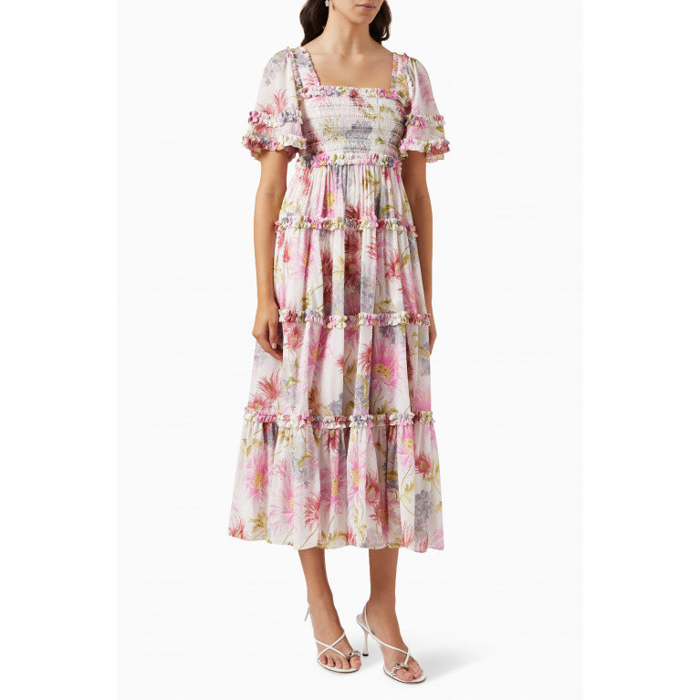 Needle & Thread - Hummingbird Smocked Floral-print Ankle Gown in Chiffon