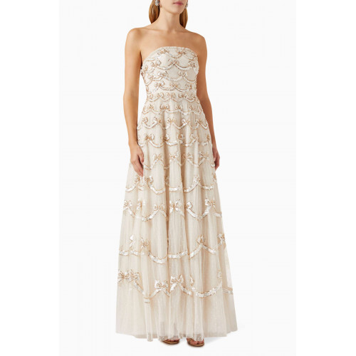 Needle & Thread - Bow Sequinned Strapless Maxi Dress in Recycled Tulle Neutral