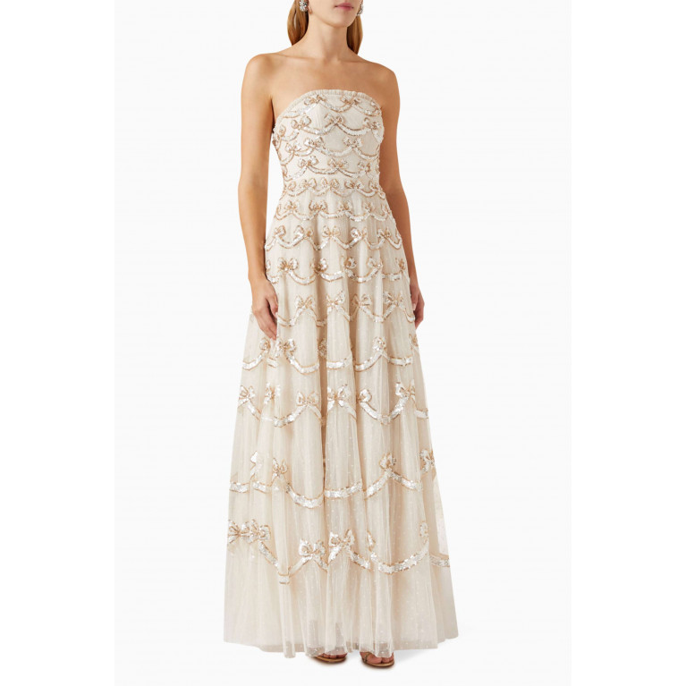 Needle & Thread - Bow Sequinned Strapless Maxi Dress in Recycled Tulle Neutral