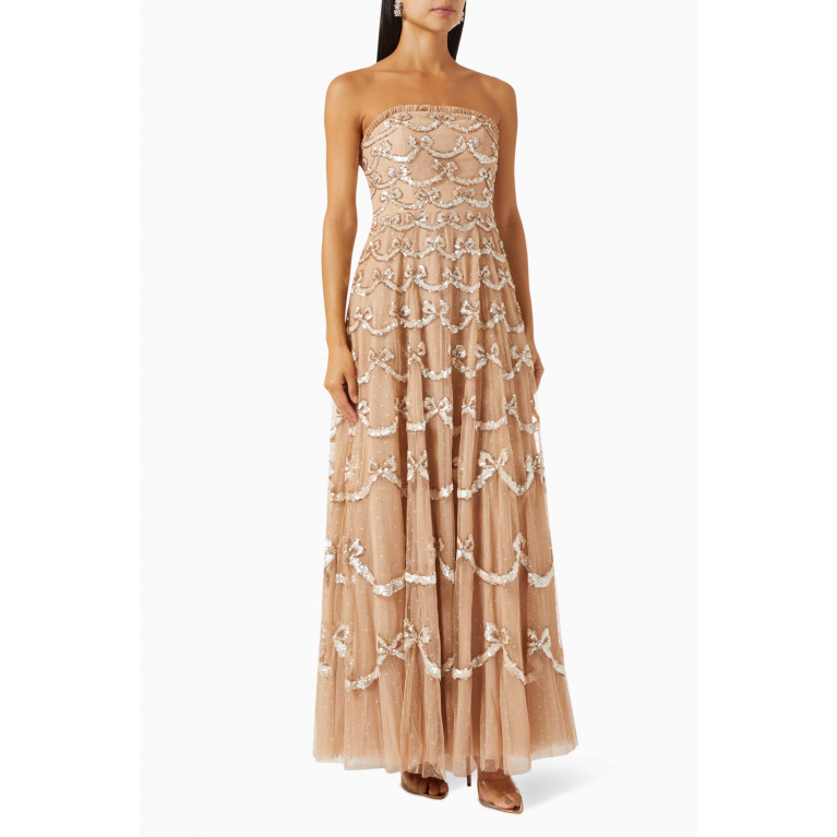 Needle & Thread - Bow Sequinned Strapless Maxi Dress in Recycled Tulle Brown
