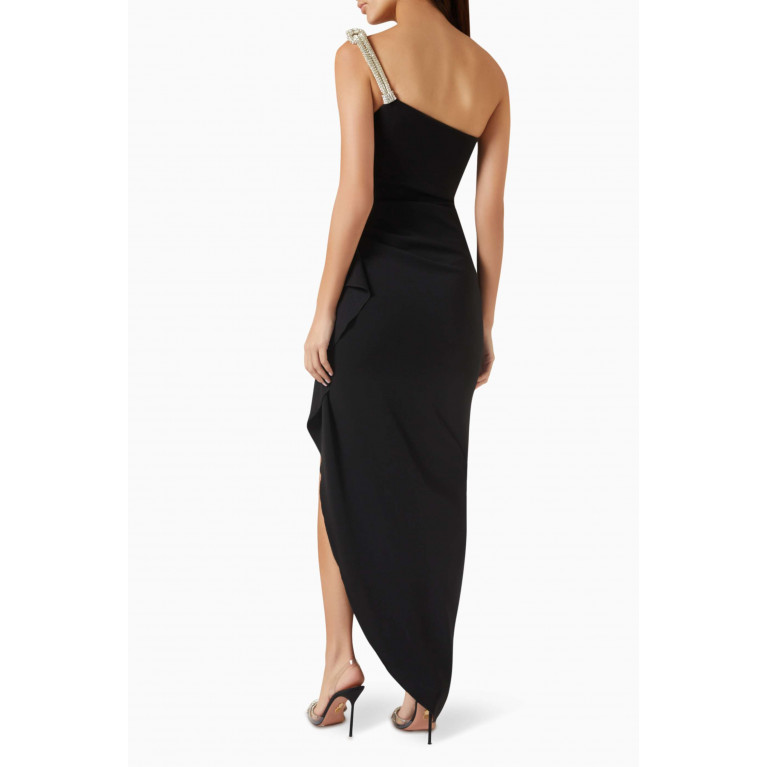 Nicole Bakti - One-shoulder Crystal Maxi Dress in Satin Black