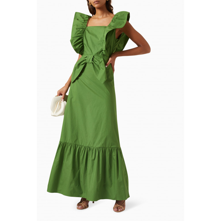 Adriana Degreas - Cherry Bomb Ruffled Maxi Dress in Cotton Green
