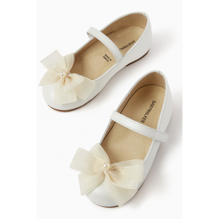 Babywalker - Pearl in Bow Ballerina Flats in Leather White