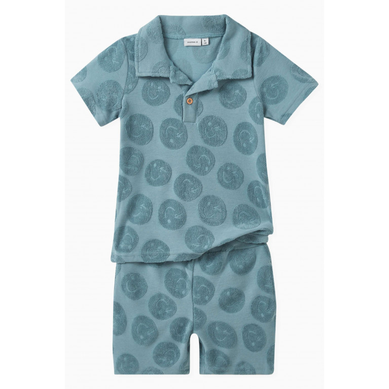 Name It - Smiley Face-embroidered Polo Shirt in Cotton-blend Blue