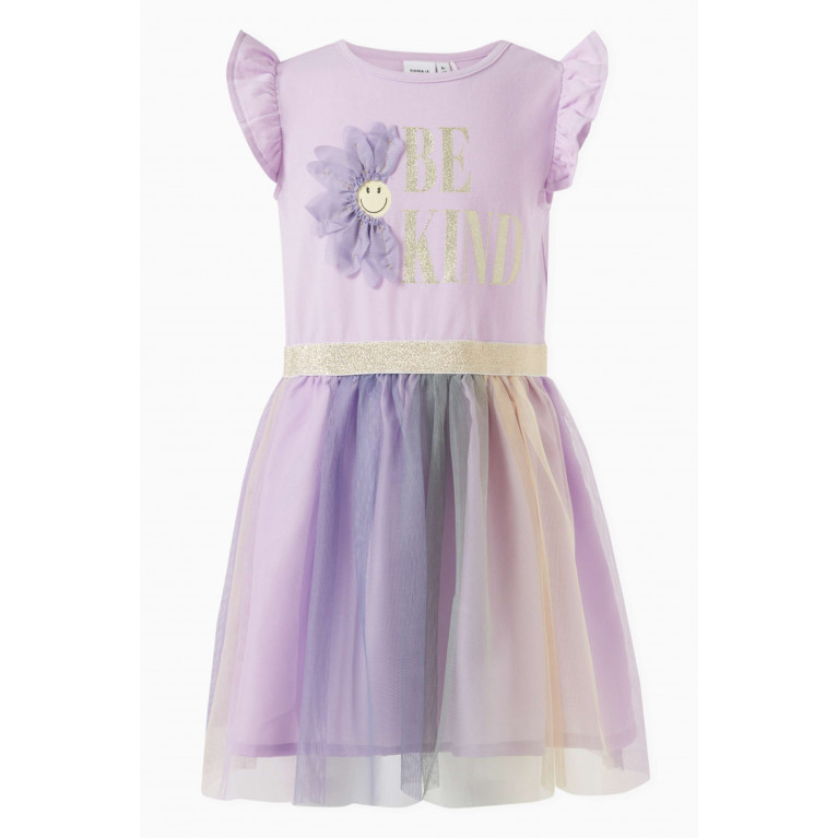 Name It - Floral-applique Tulle Dress in Cotton-blend Pink