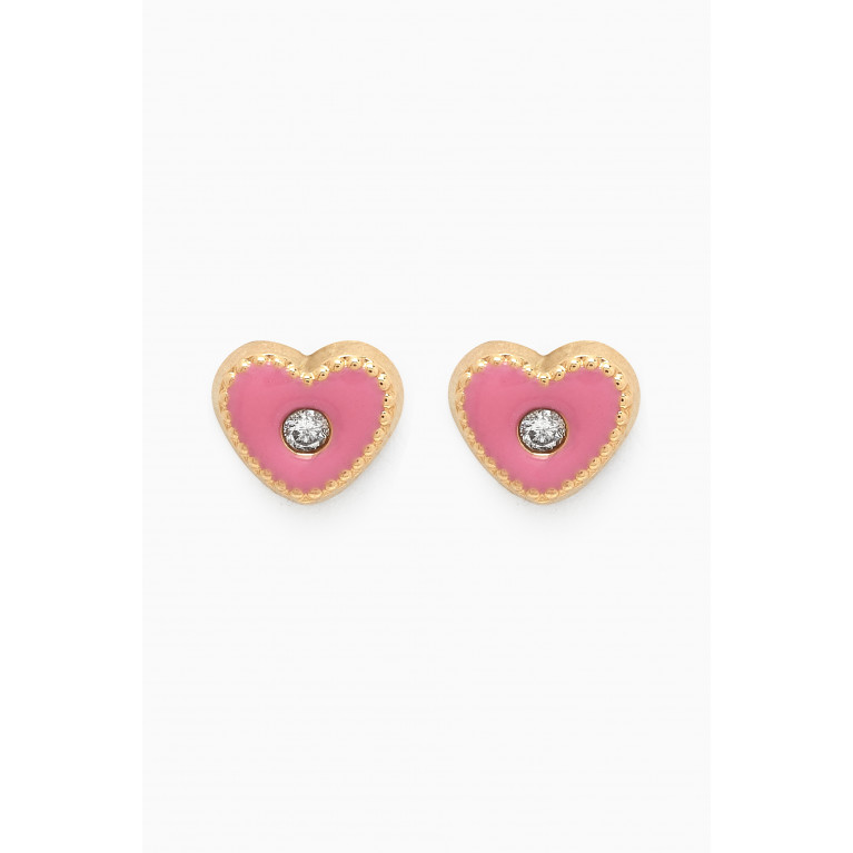 Baby Fitaihi - Heart Diamond & Enamel Stud Earrings in 18kt Yellow Gold