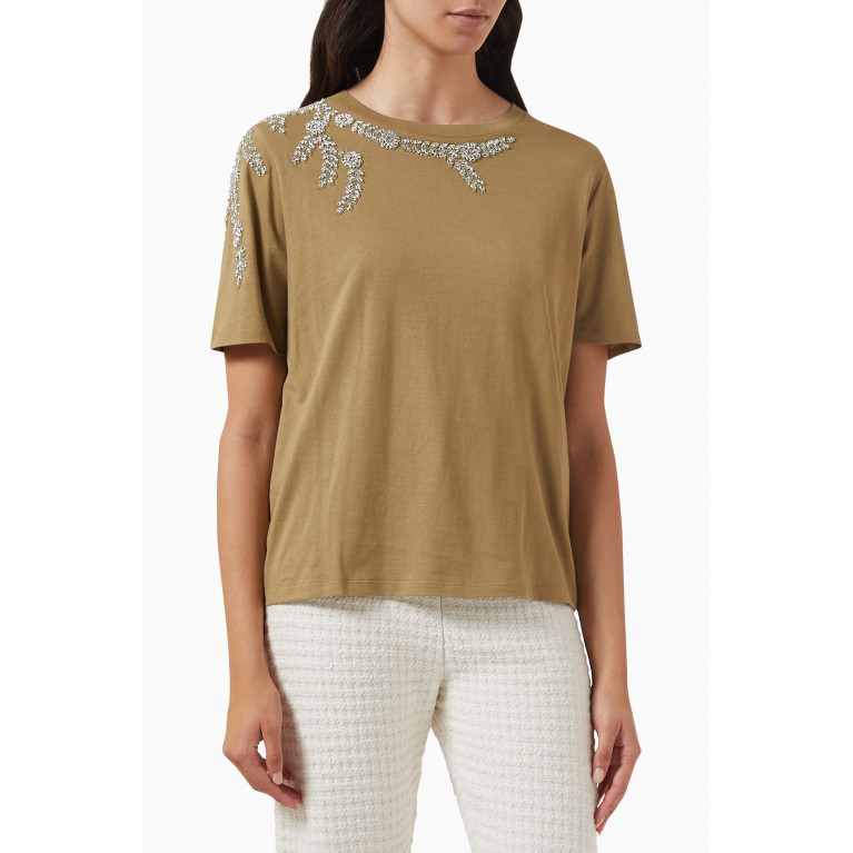 Sandro - Stras Embroidered T-shirt in Cotton Green